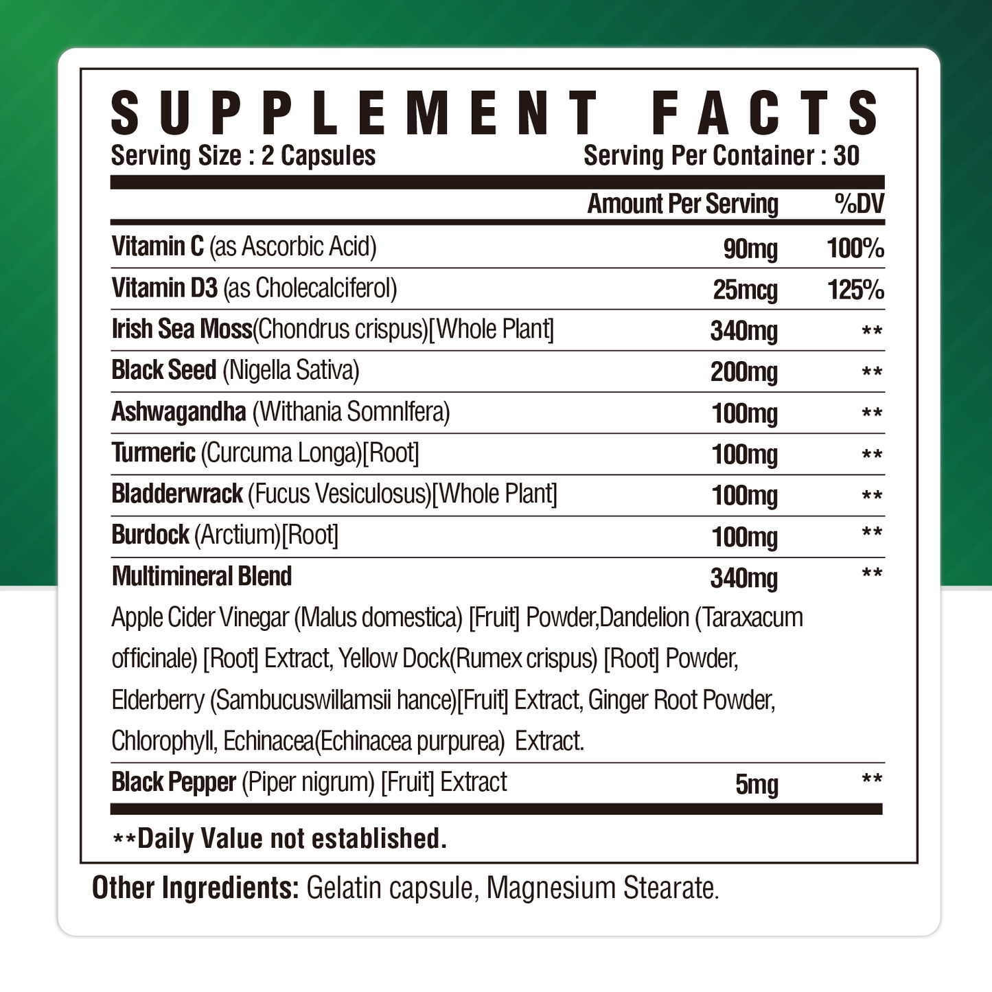 Irish Sea Moss Capsules, Black Seed Oil, Ashwagandha, Turmeric, Bladderwrack, Burdock - Immune Support, Joint and Gut Health Supplement - 60 Capsules