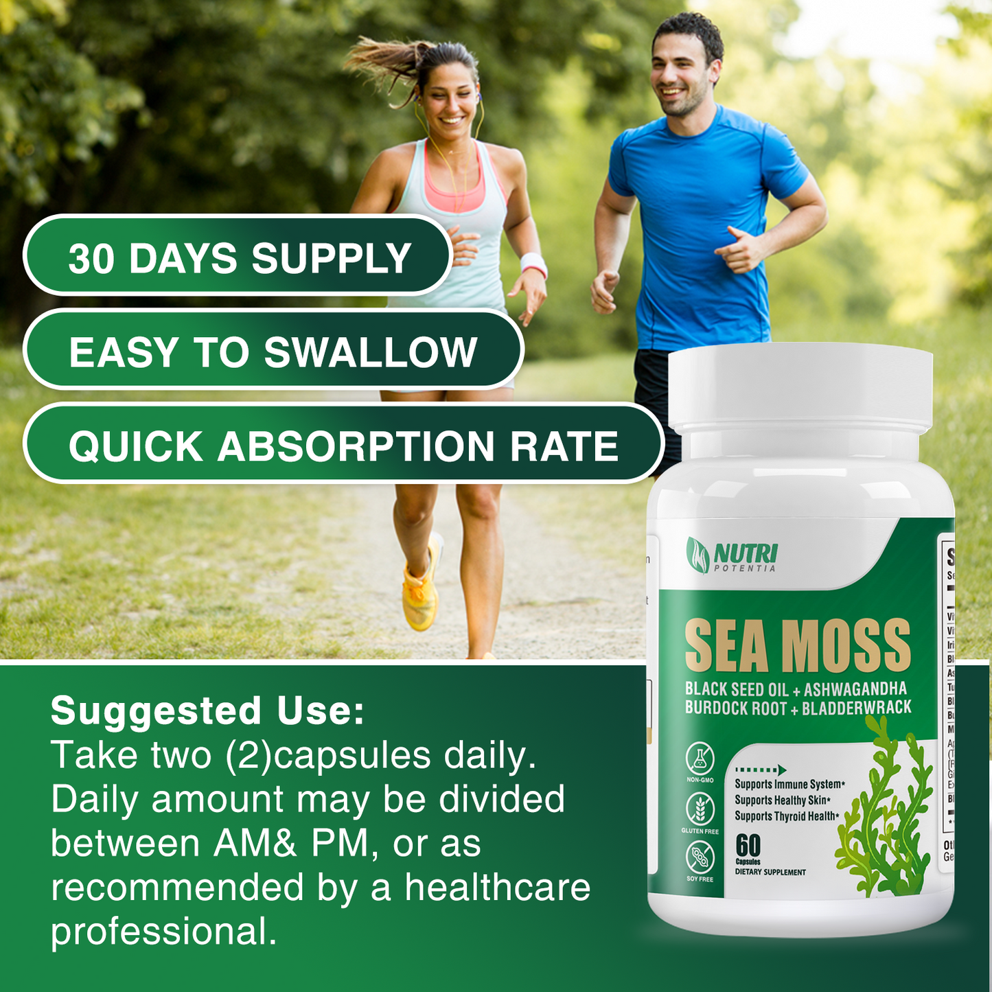 爱尔兰海苔胶囊,黑籽油,南非醉茄,姜黄,墨角藻,牛蒡 - 免疫支持,关节和肠道健康补充剂 - 60 粒胶囊