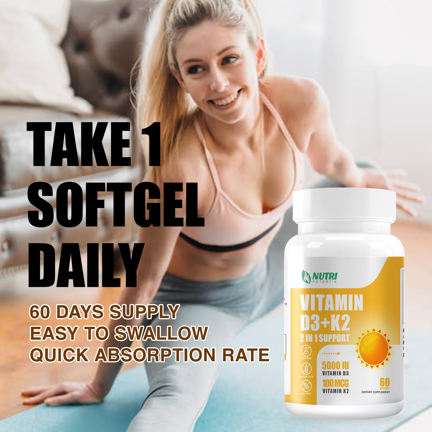 维生素 D3 K2 与 MCT 油,维生素 D3 5000 IU 和 K2 100mcg,二合一配方,有益骨骼和心脏健康,不含麸质 - 60 粒软胶囊