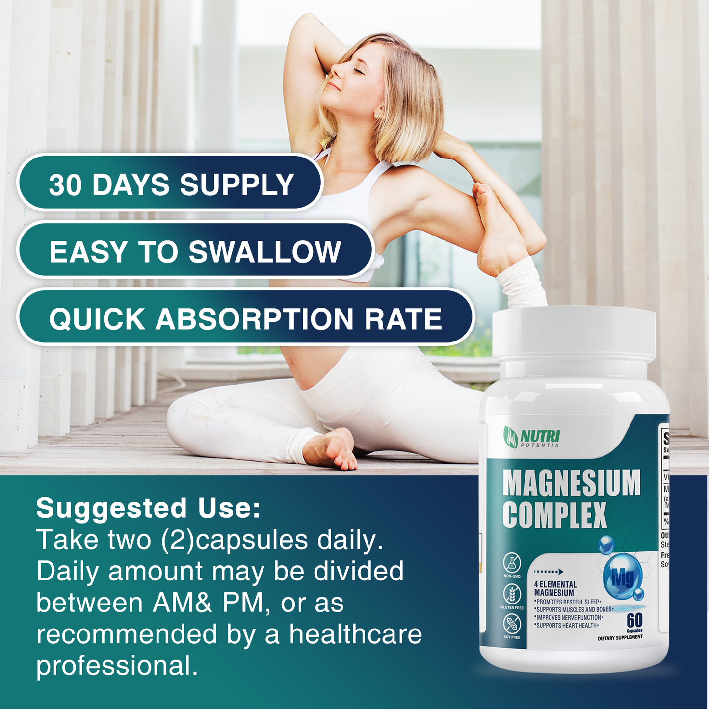 Magnesium Complex Supplement 500mg- Magnesium Glycinate, Citrate, Malate, Taurate with B6 - Bone, Heart, Muscle & Nervous System Support - 60 Capsules