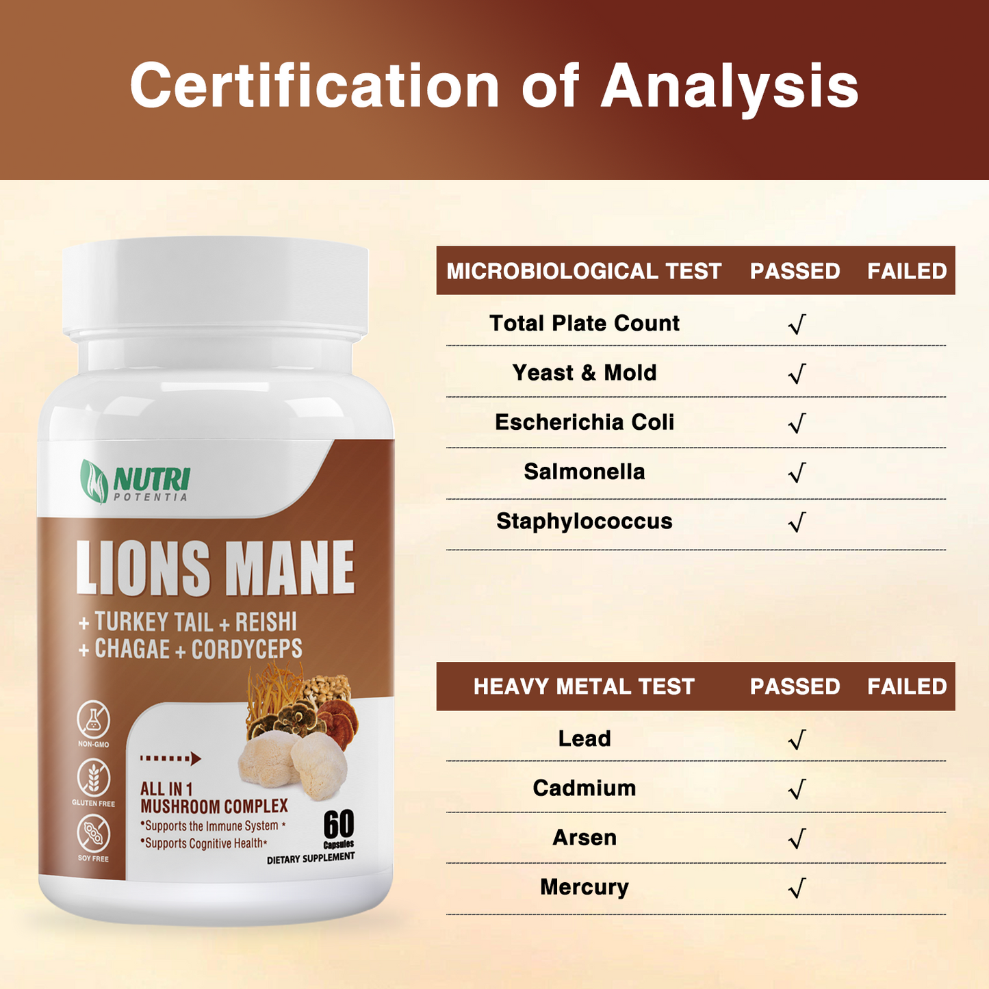 Lion's Mane Mushroom Supplement Capsules - Brain Booster, Mushroom Complex with Turkey Tail, Reishi, Cordyceps - Helps Maintain Cognitive Function, Energy & Focus - 60 Capsules