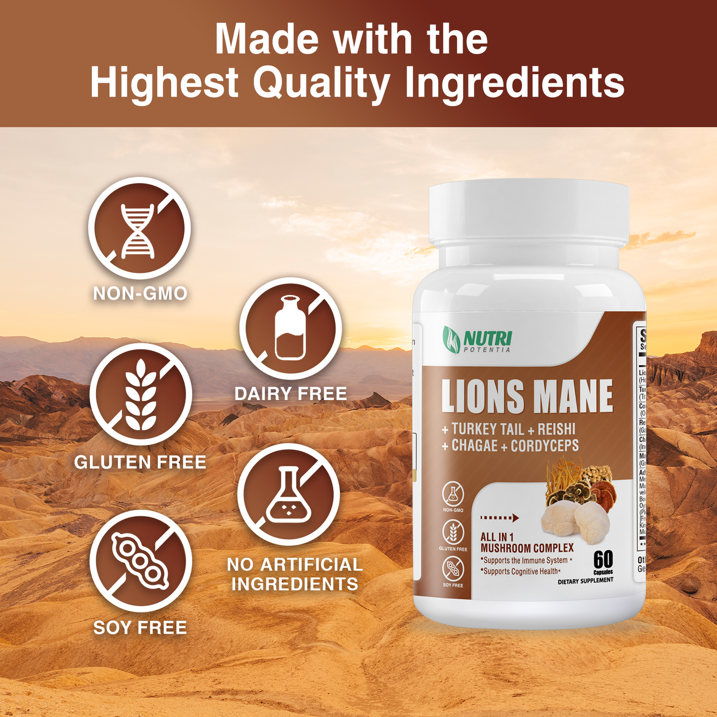 Lion's Mane Mushroom Supplement Capsules - Brain Booster, Mushroom Complex with Turkey Tail, Reishi, Cordyceps - Helps Maintain Cognitive Function, Energy & Focus - 60 Capsules