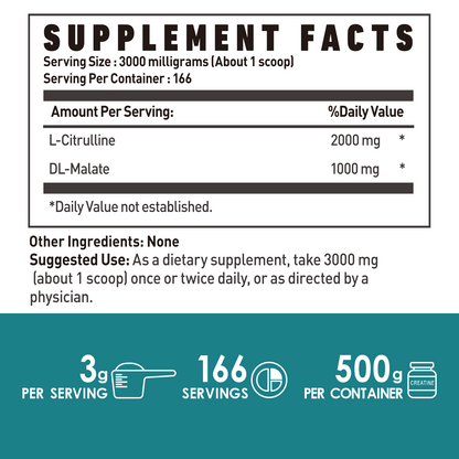 L-Citrulline Dl-Malate 2:1 Powder Unflavored, Supports Muscle Performance - Gluten Free (500 Grams - 1.1 lbs)