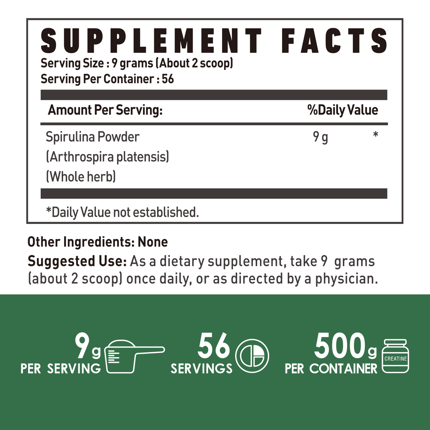 Spirulina Powder 1.1 Pounds for Immune Support and Antioxidants, 100% Pure and Non-Irradiated, Vegan, All-Natural, and Non-GMO Spirulina Supplement Powder (500g-1.1lbs)