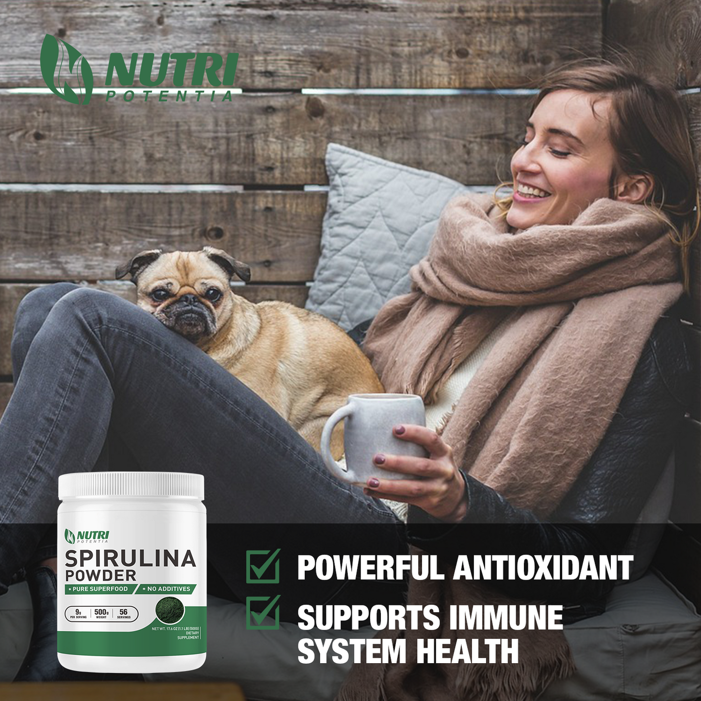 Spirulina Powder 1.1 Pounds for Immune Support and Antioxidants, 100% Pure and Non-Irradiated, Vegan, All-Natural, and Non-GMO Spirulina Supplement Powder (500g-1.1lbs)