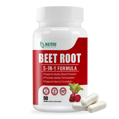 Beet Root Powder Capsules - Blood Pressure Support Supplement, 5 in 1 Formula with Hawthorn, Grape Seed & CoQ10, Support Circulation and Blood Flow - Non-GMO - 90 Capsules