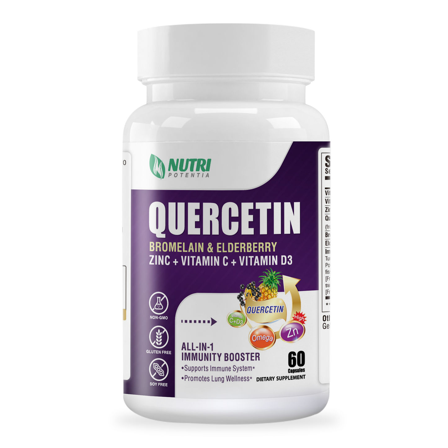 Quercetin 95% with Bromelain, Elderberry, Vitamin C & Vitamin D3 & Zinc - Advanced Lung Immune and Respiratory Support Supplement - 60 Capsules