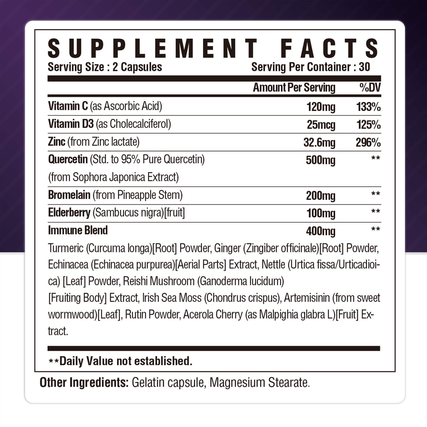 Quercetin 95% with Bromelain, Elderberry, Vitamin C & Vitamin D3 & Zinc - Advanced Lung Immune and Respiratory Support Supplement - 60 Capsules