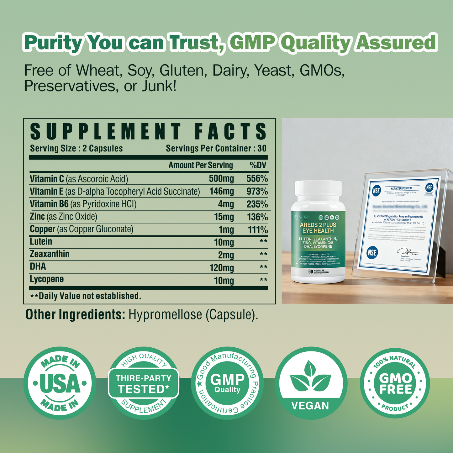 AREDS 2 Plus Eye Vitamin Supplement,Lutein and Zeaxanthin Supplements with DHA for Seniors Macular,Supports Visual Clarity,Focus & Eye Fatigue Relief,Non-GMO,Third-Party Tested(Made & Tested in USA)