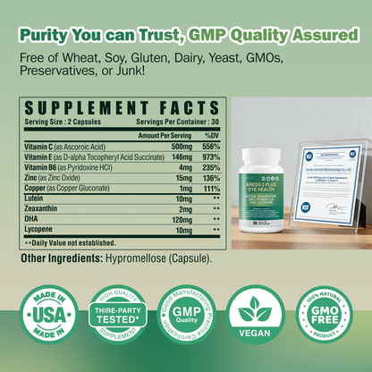 AREDS 2 Plus Eye Vitamin Supplement,Lutein and Zeaxanthin Supplements with DHA for Seniors Macular,Supports Visual Clarity,Focus & Eye Fatigue Relief,Non-GMO,Third-Party Tested(Made & Tested in USA)