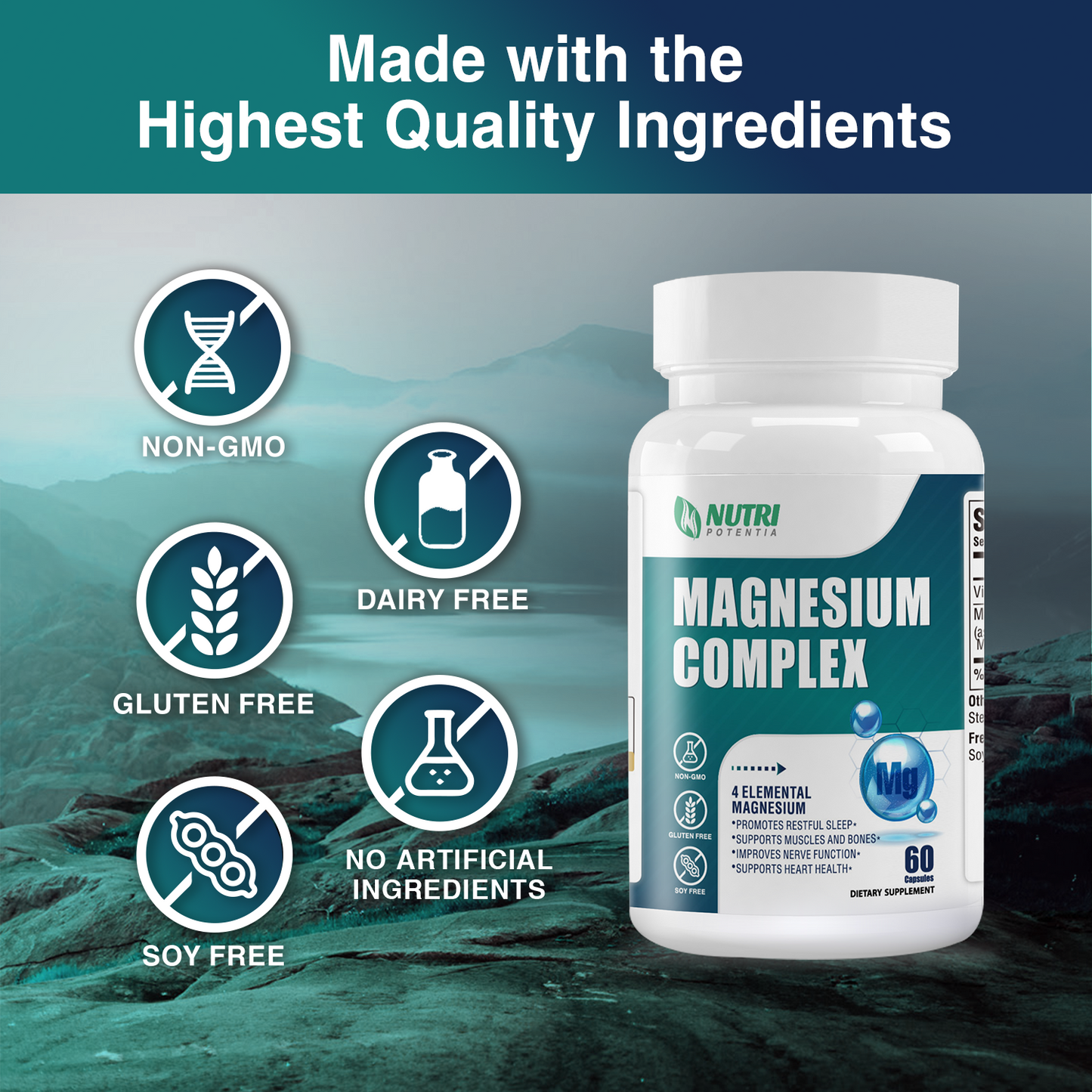 Magnesium Complex Supplement 500mg- Magnesium Glycinate, Citrate, Malate, Taurate with B6 - Bone, Heart, Muscle & Nervous System Support - 60 Capsules