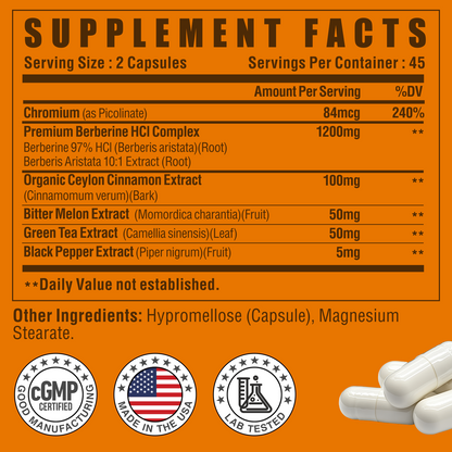 Berberine Supplement 1200mg - Berberine Complex with Ceylon Cinnamon, Bitter Melon & Green Tea Extract, Supports Metabolic Health, Gluten Free & Non-GMO - 90 Capsules