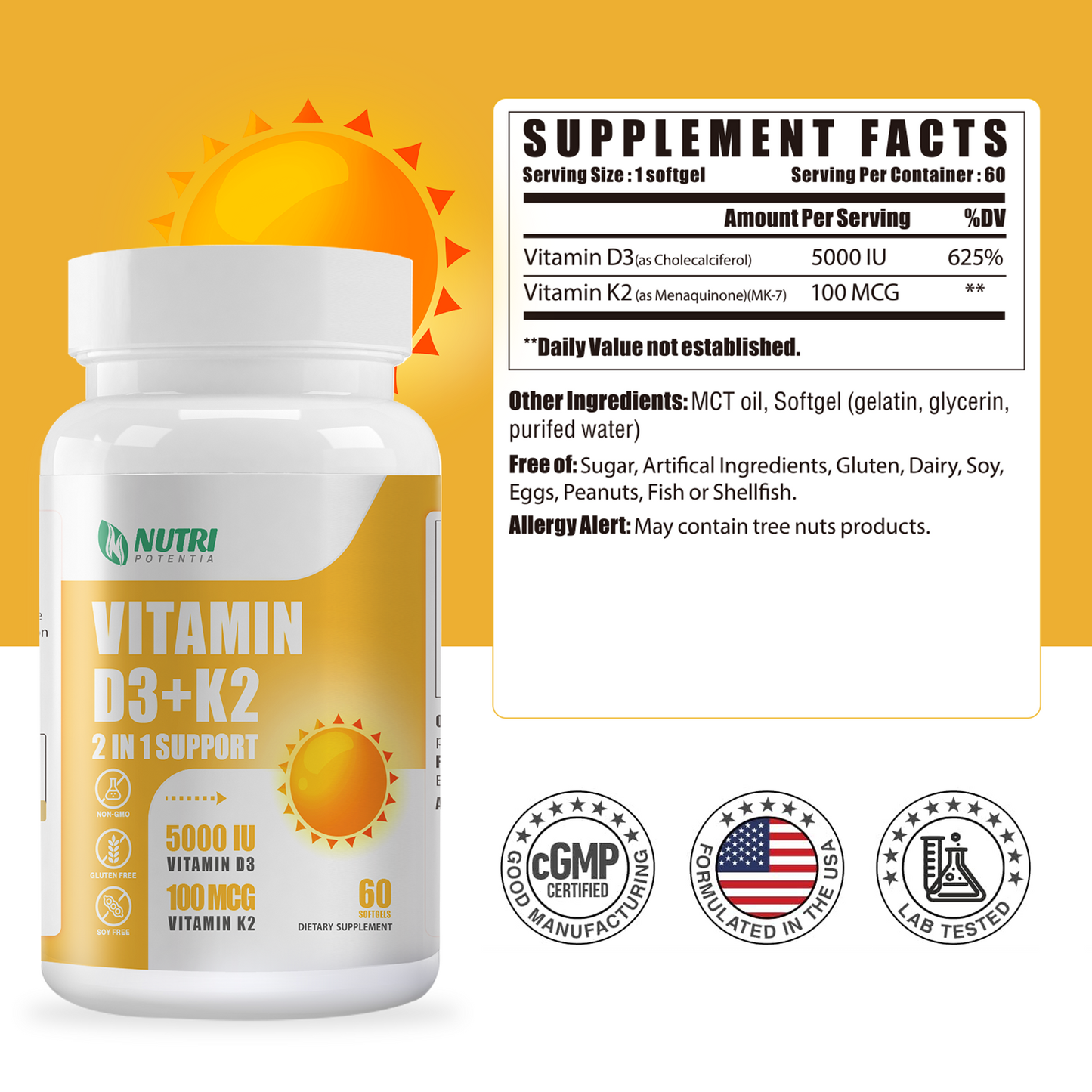 Vitamin D3 K2 with MCT Oil, Vitamin D3 5000 IU and K2 100mcg, Formula 2 in 1 for Bone and Heart Health, Gluten Free - 60 Count Softgels