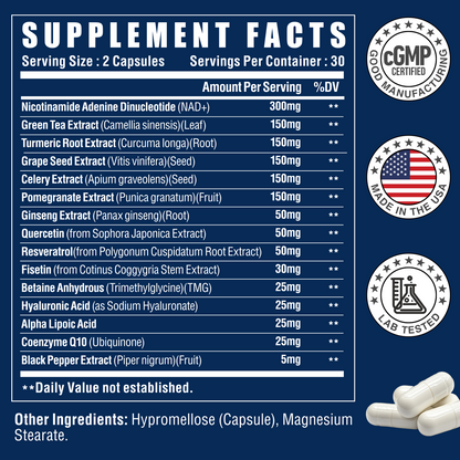 NAD Supplement - NAD Resveratrol Supplement 15-in-1 Complex with Green Tea, Turmeric, Grape Seed, Quercetin & Hyaluronic Acid, Supports Cellular Energy, Healthy Aging - Non-GMO - 60 Capsules