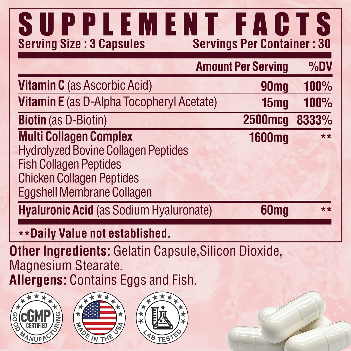 Multi Collagen Peptides Capsules, Type I, II, III, V, X with Vitamin C, E & Hyaluronic Acid | Hair, Skin, Nail & Joint Support | Unflavored, Non-GMO, Easy to Swallow - 90 Count