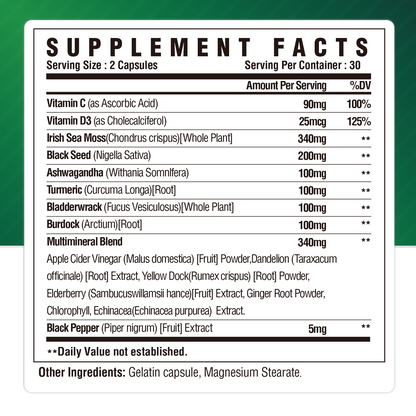 Irish Sea Moss Capsules, Black Seed Oil, Ashwagandha, Turmeric, Bladderwrack, Burdock - Immune Support, Joint and Gut Health Supplement - 60 Capsules