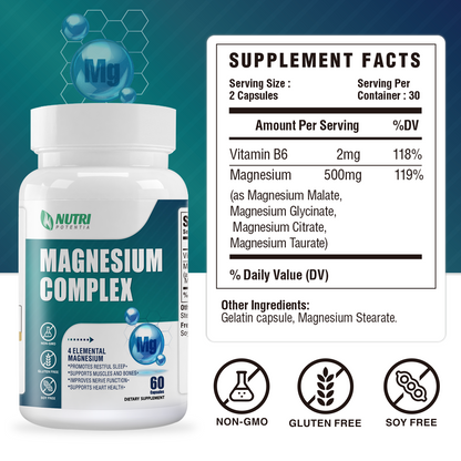 Magnesium Complex Supplement 500mg- Magnesium Glycinate, Citrate, Malate, Taurate with B6 - Bone, Heart, Muscle & Nervous System Support - 60 Capsules