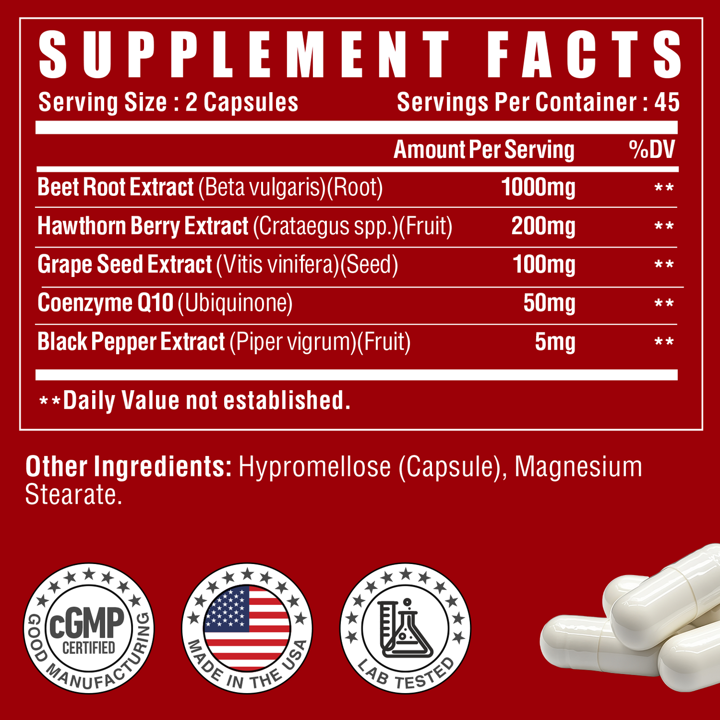 Beet Root Powder Capsules - Blood Pressure Support Supplement, 5 in 1 Formula with Hawthorn, Grape Seed & CoQ10, Support Circulation and Blood Flow - Non-GMO - 90 Capsules