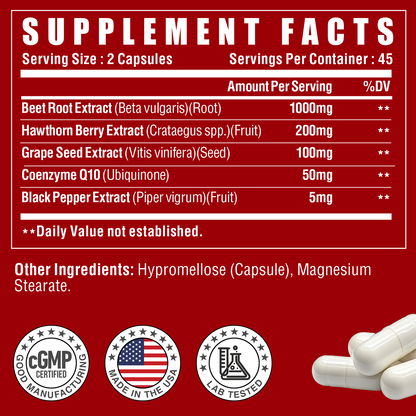 Beet Root Powder Capsules - Blood Pressure Support Supplement, 5 in 1 Formula with Hawthorn, Grape Seed & CoQ10, Support Circulation and Blood Flow - Non-GMO - 90 Capsules
