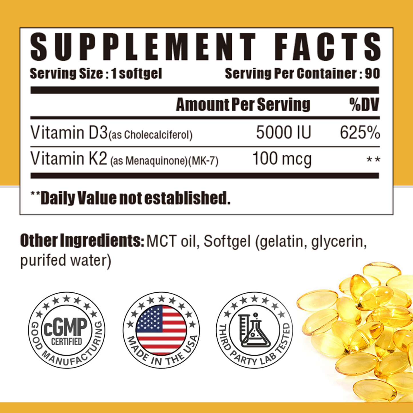 Vitamin D3 K2 with MCT Oil, Vitamin D 5000IU and K2 100mcg, Formula 2 in 1 for Bone and Heart Health, Gluten Free