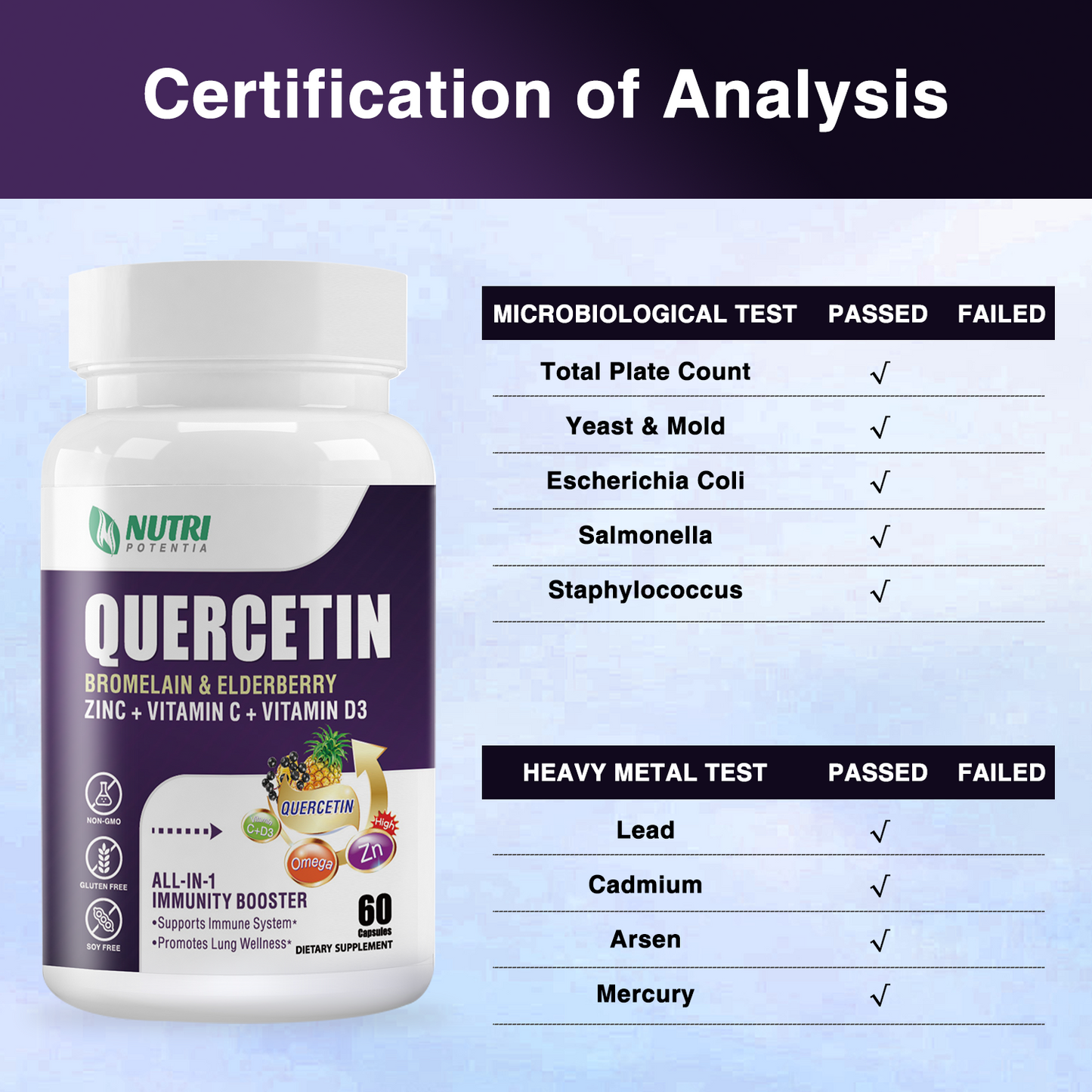 Quercetin 95% with Bromelain, Elderberry, Vitamin C & Vitamin D3 & Zinc - Advanced Lung Immune and Respiratory Support Supplement - 60 Capsules