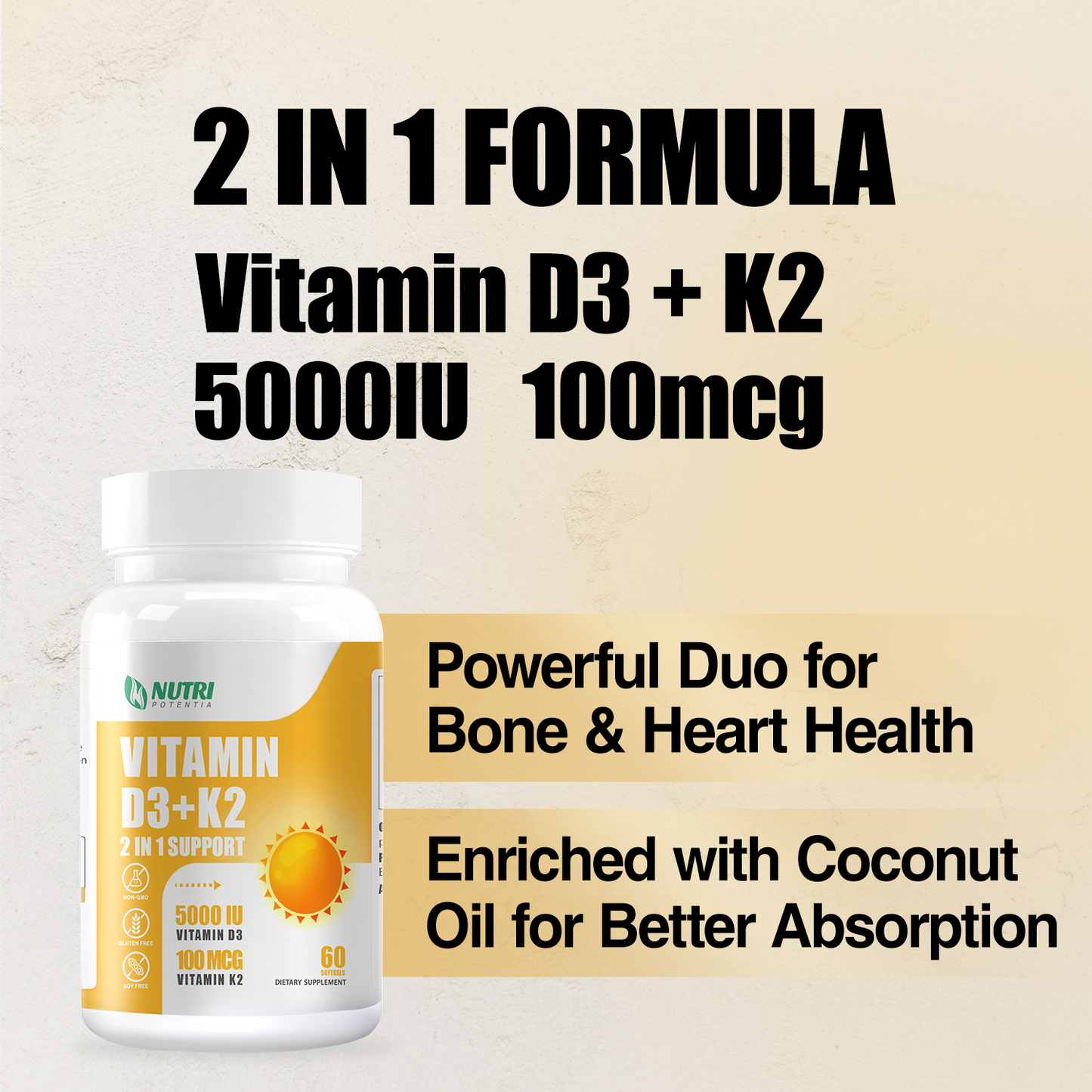 Vitamin D3 K2 with MCT Oil, Vitamin D3 5000 IU and K2 100mcg, Formula 2 in 1 for Bone and Heart Health, Gluten Free - 60 Count Softgels