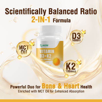Vitamin D3 K2 with MCT Oil, Vitamin D 5000IU and K2 100mcg, Formula 2 in 1 for Bone and Heart Health, Gluten Free