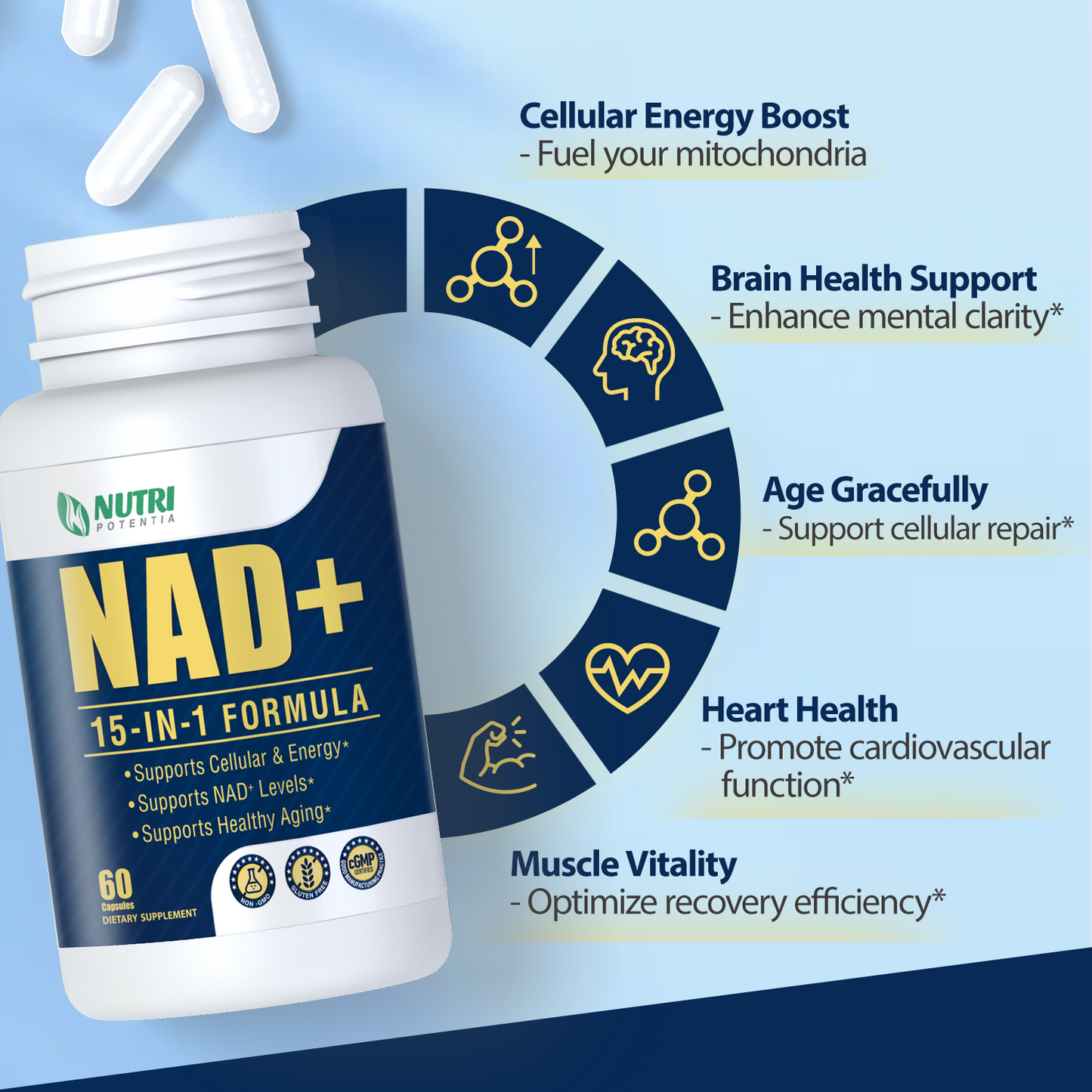 NAD Supplement - NAD Resveratrol Supplement 15-in-1 Complex with Green Tea, Turmeric, Grape Seed, Quercetin & Hyaluronic Acid, Supports Cellular Energy, Healthy Aging - Non-GMO - 60 Capsules