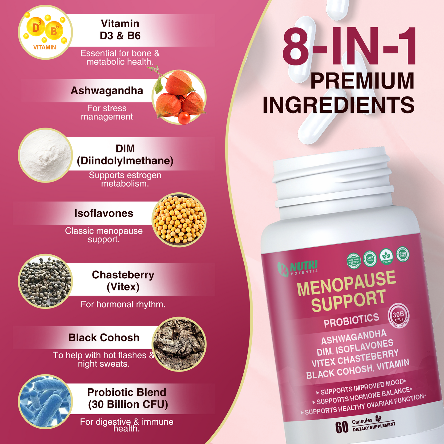 Menopause Supplements Probiotics for Women with DIM, Black Cohosh, Soy Isoflavones, Chaste Berry & Probiotics , Support Hormone Balance & Helps Relieve Hot Flashes, Night Sweats - 60 Servings
