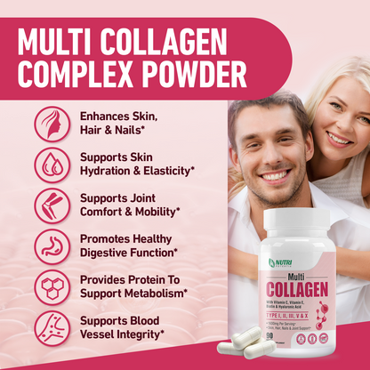 Multi Collagen Peptides Capsules, Type I, II, III, V, X with Vitamin C, E & Hyaluronic Acid | Hair, Skin, Nail & Joint Support | Unflavored, Non-GMO, Easy to Swallow - 90 Count