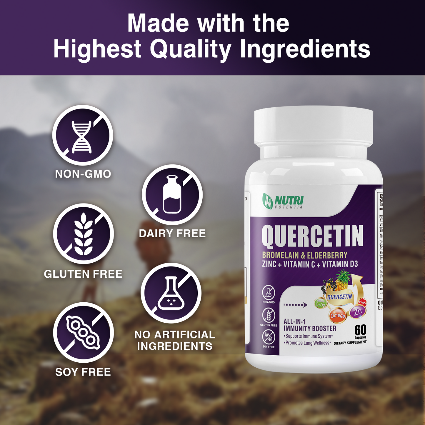 Quercetin 95% with Bromelain, Elderberry, Vitamin C & Vitamin D3 & Zinc - Advanced Lung Immune and Respiratory Support Supplement - 60 Capsules