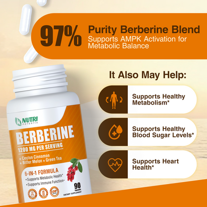 Berberine Supplement 1200mg - Berberine Complex with Ceylon Cinnamon, Bitter Melon & Green Tea Extract, Supports Metabolic Health, Gluten Free & Non-GMO - 90 Capsules