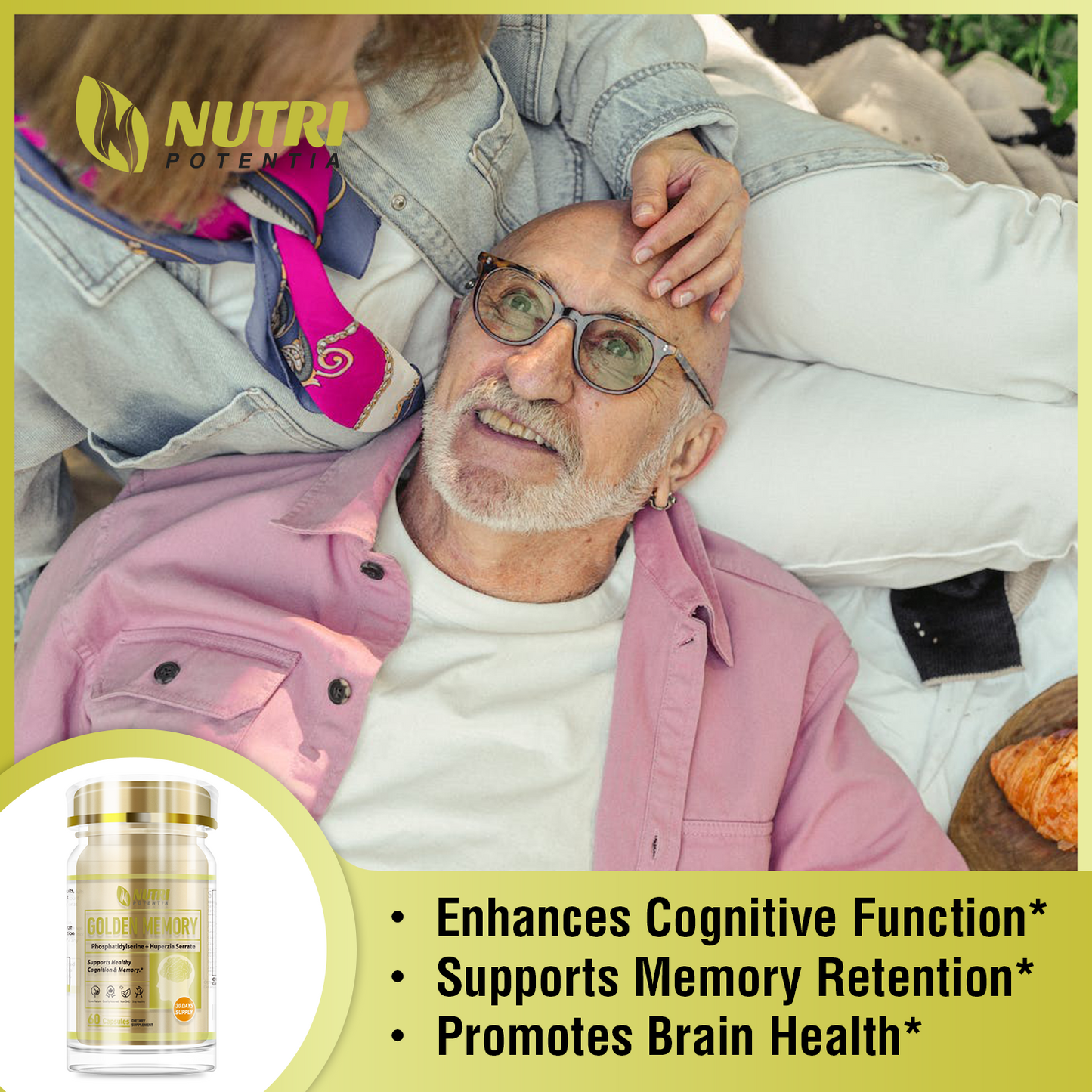 GOLDEN MEMORY - Huperzia Serrate Extract Brain Supplement for Mental Alertness, Memory, Focus & Concentration, Cognitive, 60 Capsules