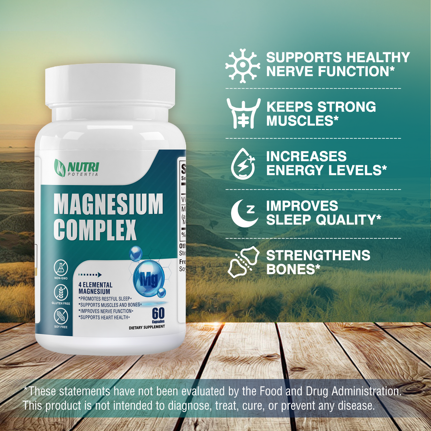 Magnesium Complex Supplement 500mg- Magnesium Glycinate, Citrate, Malate, Taurate with B6 - Bone, Heart, Muscle & Nervous System Support - 60 Capsules