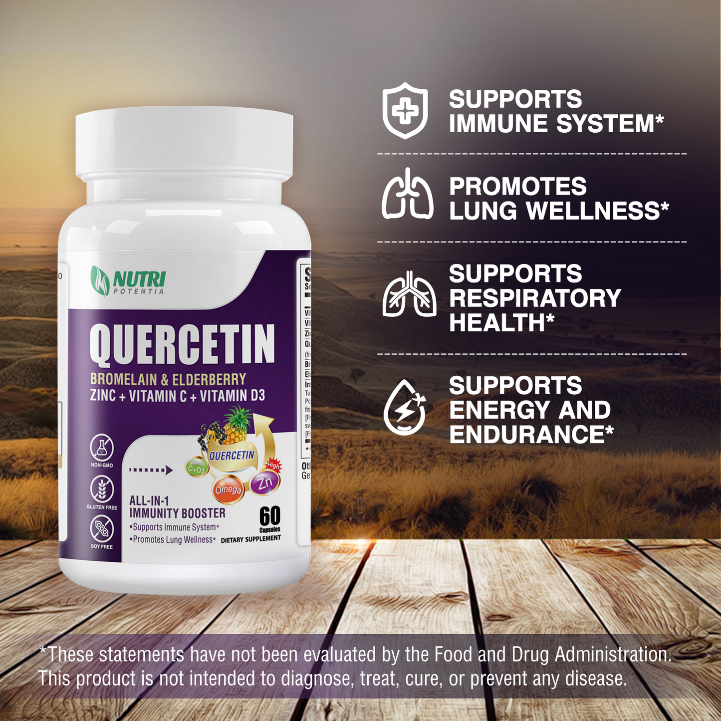 Quercetin 95% with Bromelain, Elderberry, Vitamin C & Vitamin D3 & Zinc - Advanced Lung Immune and Respiratory Support Supplement - 60 Capsules