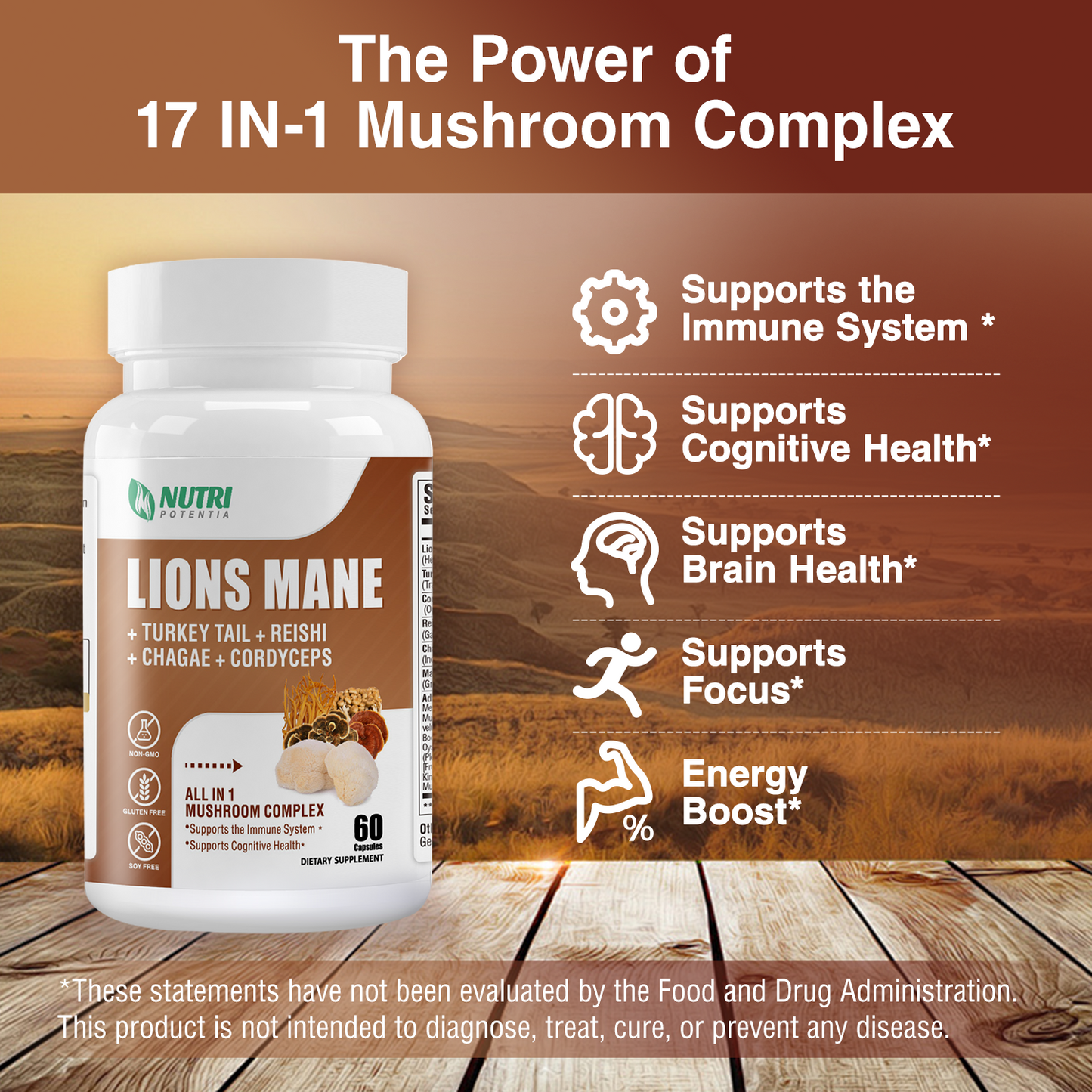 Lion's Mane Mushroom Supplement Capsules - Brain Booster, Mushroom Complex with Turkey Tail, Reishi, Cordyceps - Helps Maintain Cognitive Function, Energy & Focus - 60 Capsules