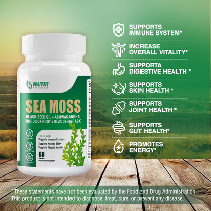 Irish Sea Moss Capsules, Black Seed Oil, Ashwagandha, Turmeric, Bladderwrack, Burdock - Immune Support, Joint and Gut Health Supplement - 60 Capsules