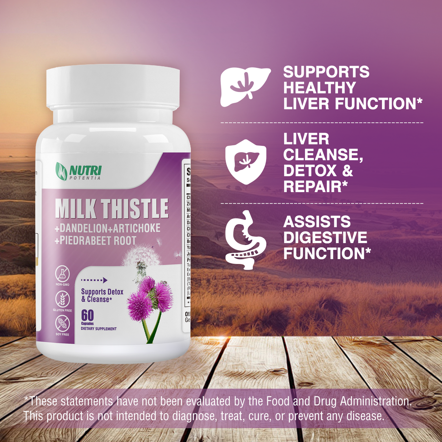 Milk Thistle Supplement with Dandelion, Artichoke Extract, Beet Root, 80% Silymarin - Supports Liver Function and Overall Health, Non-GMO, 60 Capsules