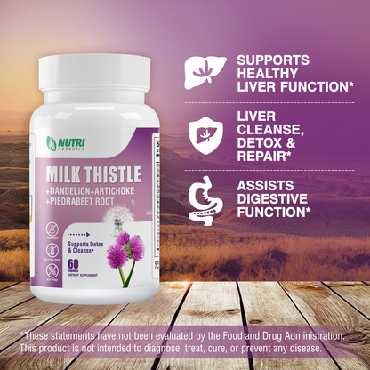 Milk Thistle Supplement with Dandelion, Artichoke Extract, Beet Root, 80% Silymarin - Supports Liver Function and Overall Health, Non-GMO, 60 Capsules
