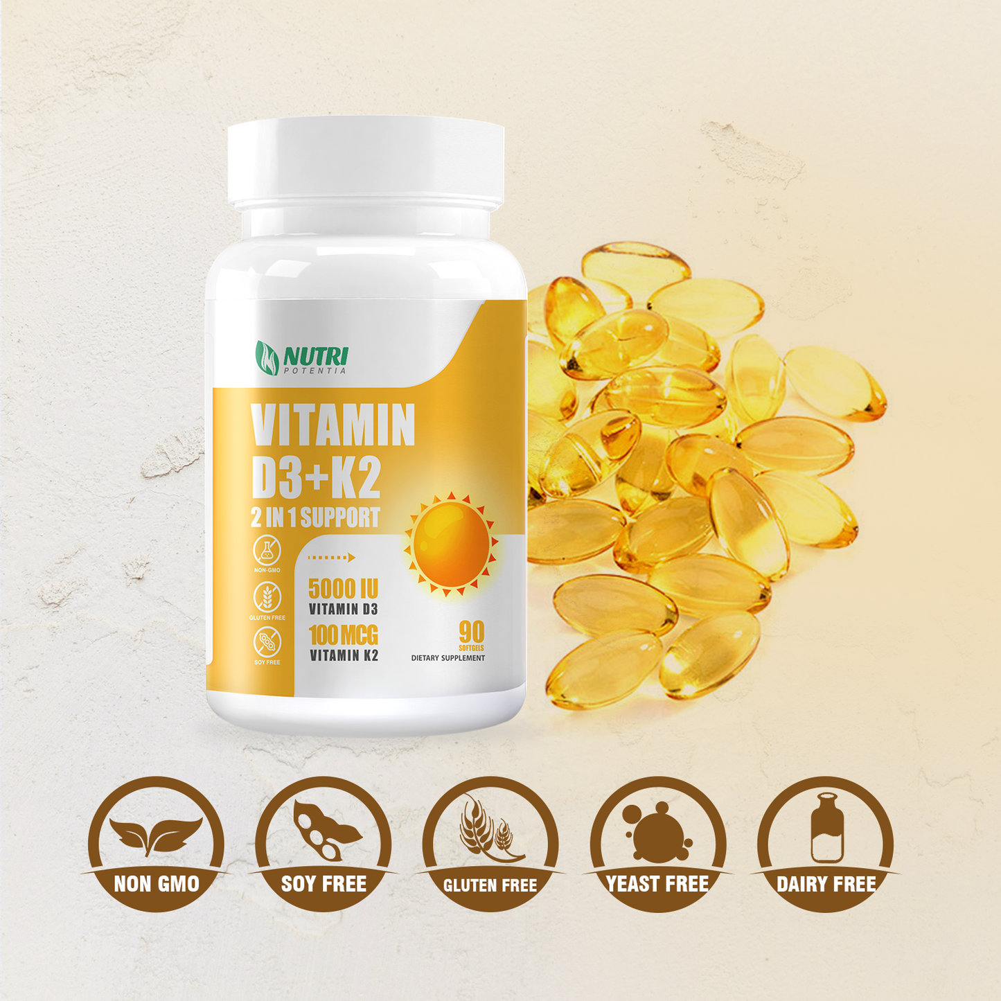 Vitamin D3 K2 with MCT Oil, Vitamin D 5000IU and K2 100mcg, Formula 2 in 1 for Bone and Heart Health, Gluten Free - 90 Count Softgels