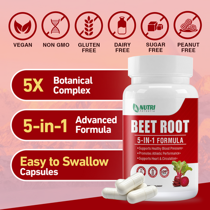 Beet Root Powder Capsules - Blood Pressure Support Supplement, 5 in 1 Formula with Hawthorn, Grape Seed & CoQ10, Support Circulation and Blood Flow - Non-GMO - 90 Capsules