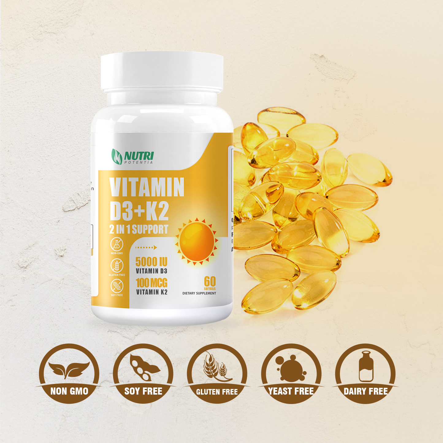 Vitamin D3 K2 with MCT Oil, Vitamin D3 5000 IU and K2 100mcg, Formula 2 in 1 for Bone and Heart Health, Gluten Free - 60 Count Softgels