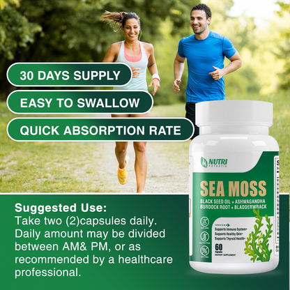 Irish Sea Moss Capsules, Black Seed Oil, Ashwagandha, Turmeric, Bladderwrack, Burdock - Immune Support, Joint and Gut Health Supplement - 60 Capsules
