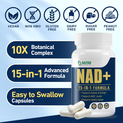 NAD Supplement - NAD Resveratrol Supplement 15-in-1 Complex with Green Tea, Turmeric, Grape Seed, Quercetin & Hyaluronic Acid, Supports Cellular Energy, Healthy Aging - Non-GMO - 60 Capsules