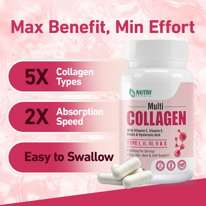 Multi Collagen Peptides Capsules, Type I, II, III, V, X with Vitamin C, E & Hyaluronic Acid | Hair, Skin, Nail & Joint Support | Unflavored, Non-GMO, Easy to Swallow - 90 Count