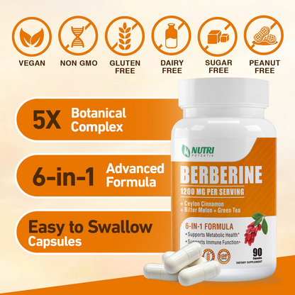 Berberine Supplement 1200mg - Berberine Complex with Ceylon Cinnamon, Bitter Melon & Green Tea Extract, Supports Metabolic Health, Gluten Free & Non-GMO - 90 Capsules