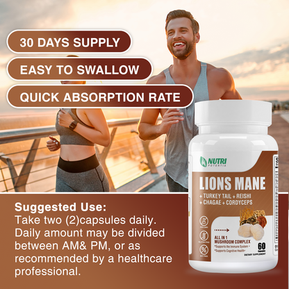 Lion's Mane Mushroom Supplement Capsules - Brain Booster, Mushroom Complex with Turkey Tail, Reishi, Cordyceps - Helps Maintain Cognitive Function, Energy & Focus - 60 Capsules