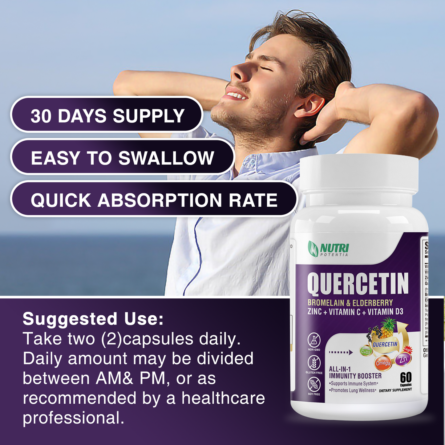 Quercetin 95% with Bromelain, Elderberry, Vitamin C & Vitamin D3 & Zinc - Advanced Lung Immune and Respiratory Support Supplement - 60 Capsules