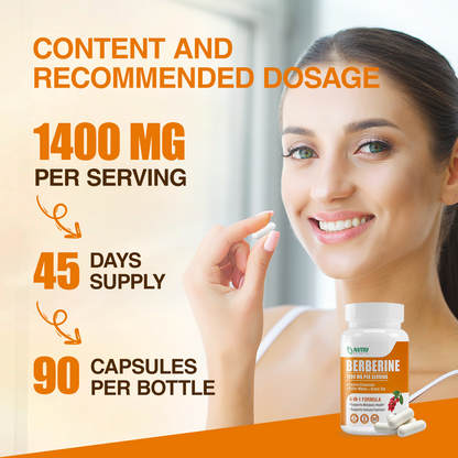 Berberine Supplement 1200mg - Berberine Complex with Ceylon Cinnamon, Bitter Melon & Green Tea Extract, Supports Metabolic Health, Gluten Free & Non-GMO - 90 Capsules