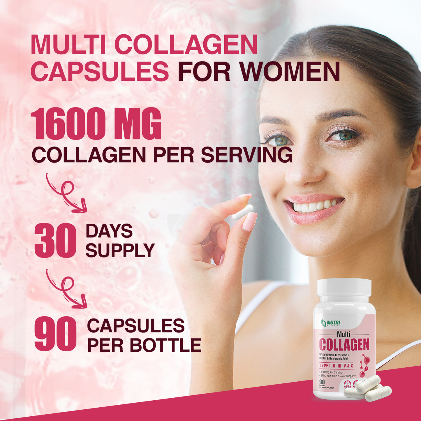 Multi Collagen Peptides Capsules, Type I, II, III, V, X with Vitamin C, E & Hyaluronic Acid | Hair, Skin, Nail & Joint Support | Unflavored, Non-GMO, Easy to Swallow - 90 Count